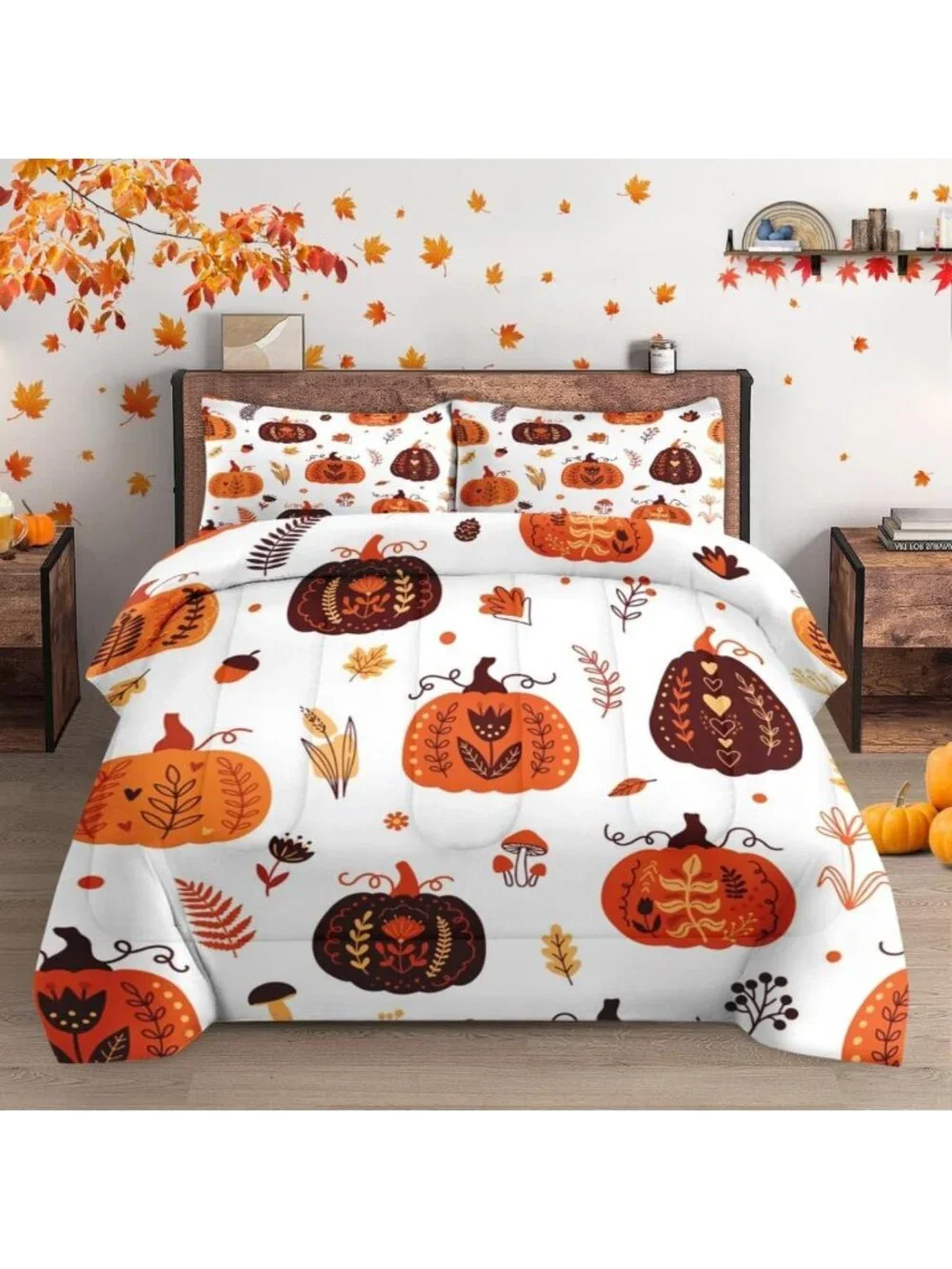 Cozy Autumn Pumpkins King Comforter Set - 3 Piece Fall Bedding Collection